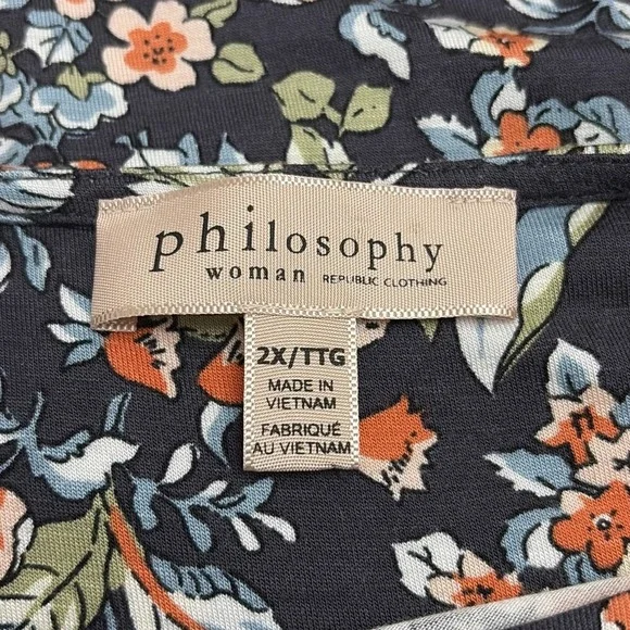 Philosophy Women's 3/4 Sleeve Floral Top Size 2X Blue Bloomcore Cottage Stretch - Picture 9 of 11